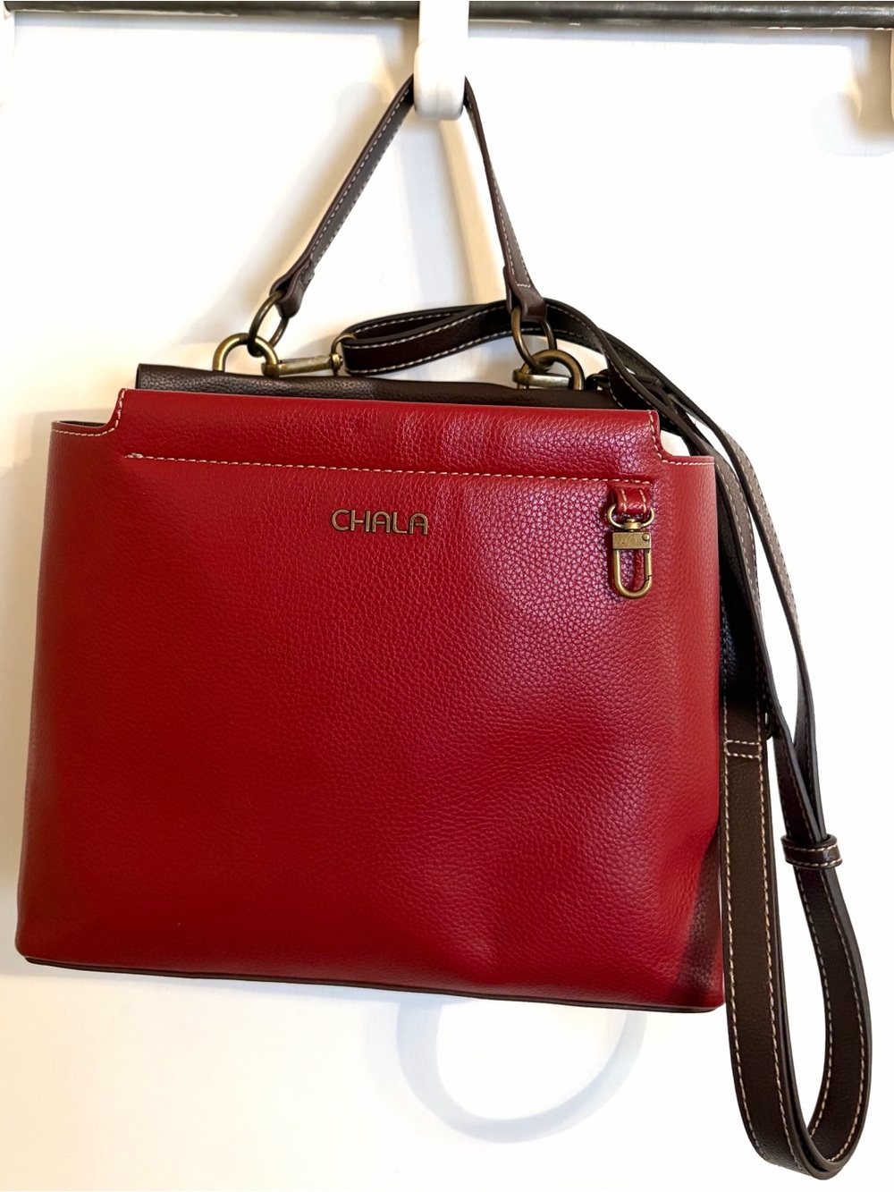 Chala Red & Brown Structured Crossbody Satchel Handbag